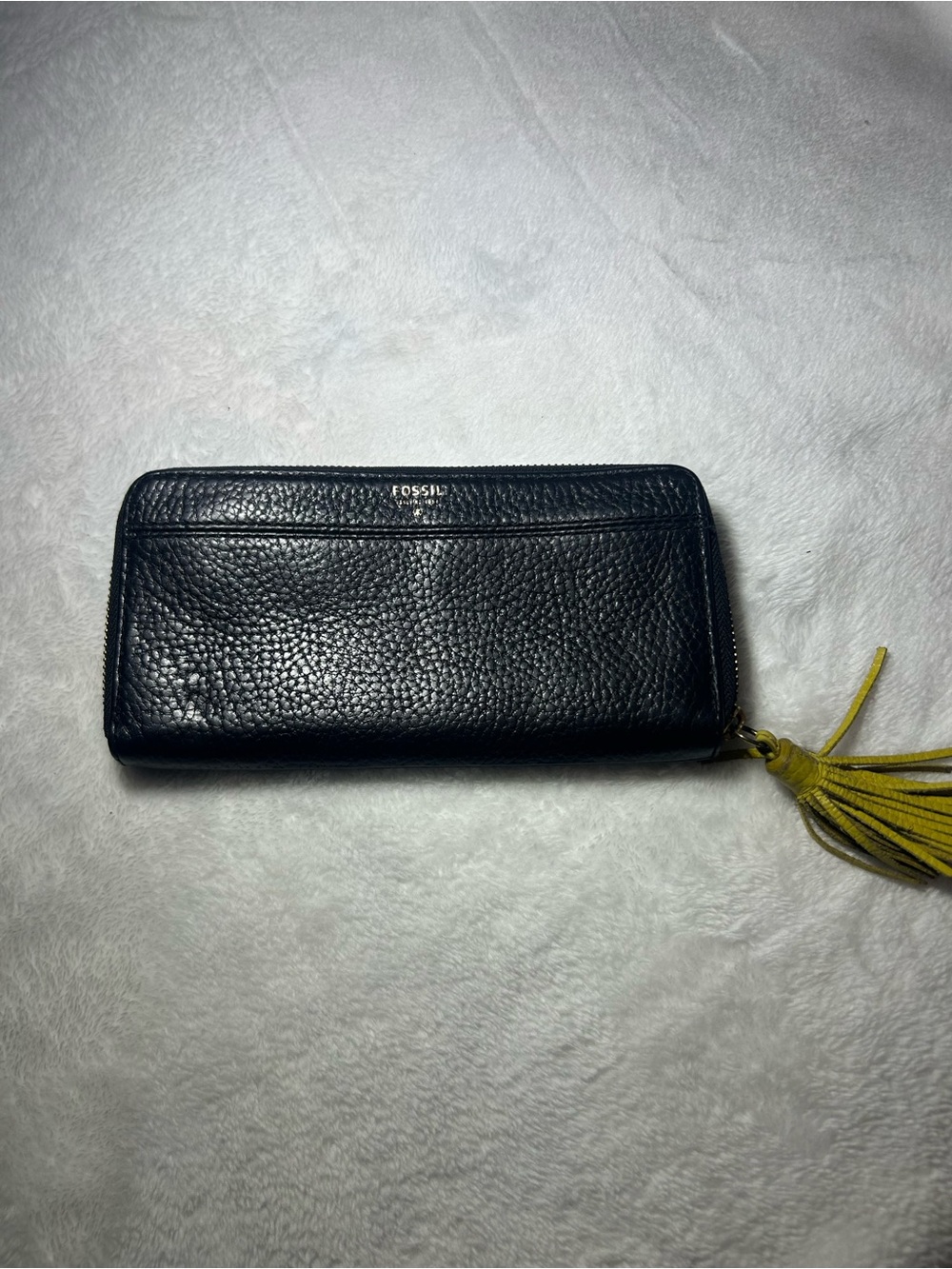 Fossil Black Pebbled Leather Zip Wallet with Yellow Tassel